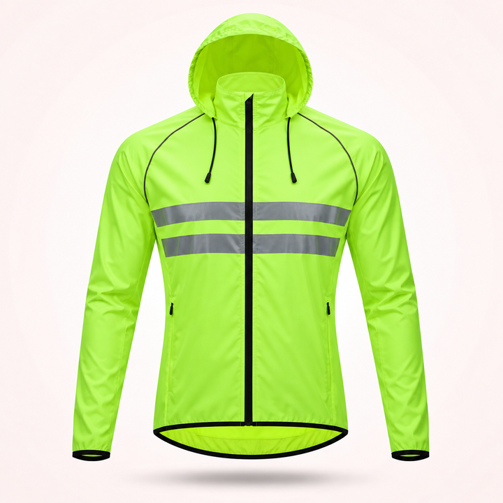 Veste vert fluo à capuche avec cordons, vue de face, deux bandes réfléchissantes grises, poches zippées et bas bordé de noir. 19