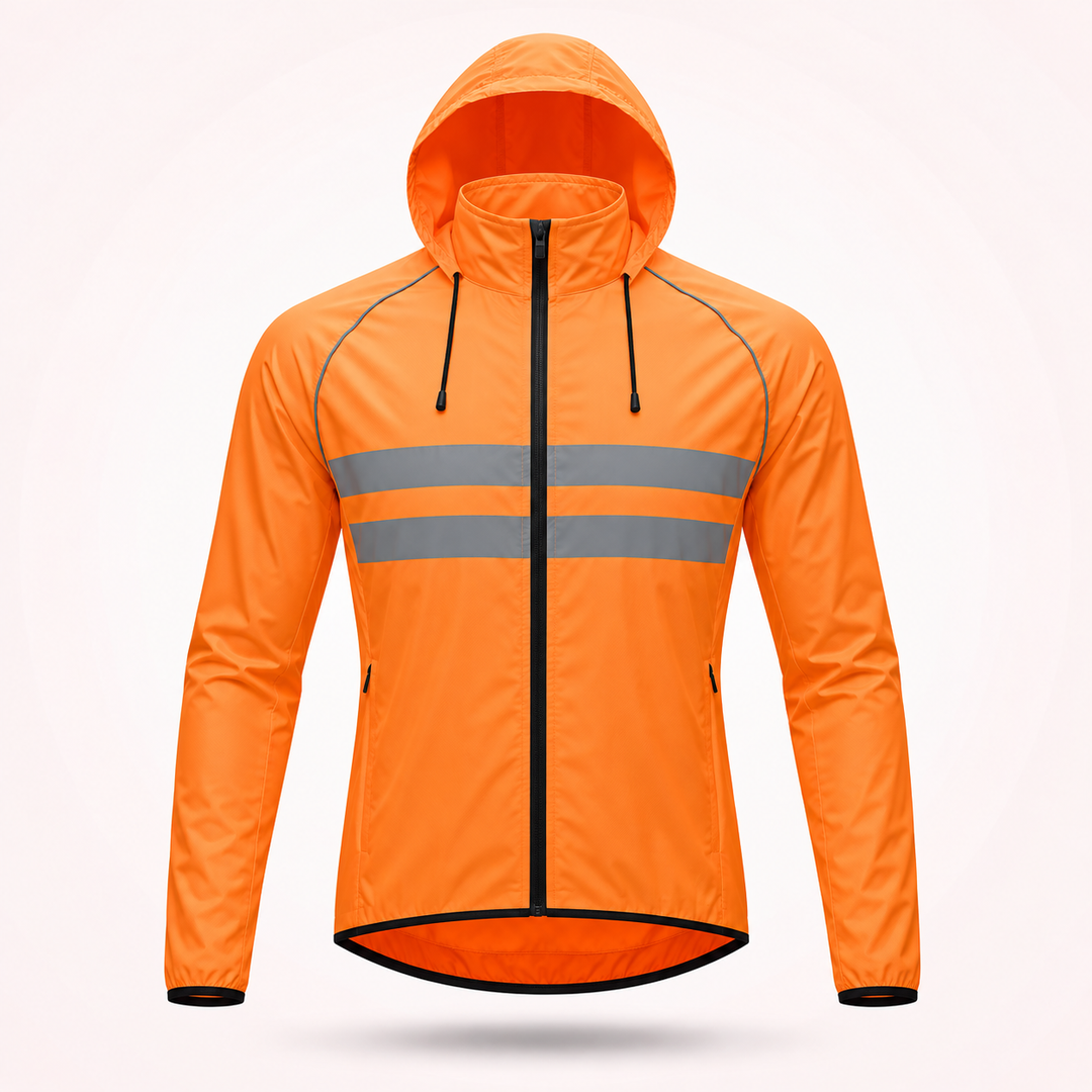 Veste orange à capuche avec cordons, vue de face, deux bandes réfléchissantes grises, poches zippées et bas bordé de noir. 20