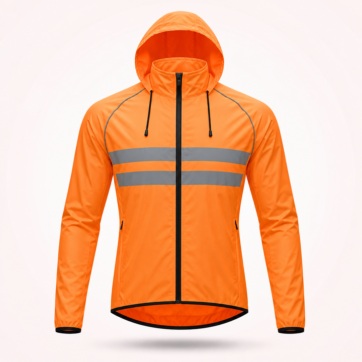 Veste orange à capuche avec cordons, vue de face, deux bandes réfléchissantes grises, poches zippées et bas bordé de noir. 20