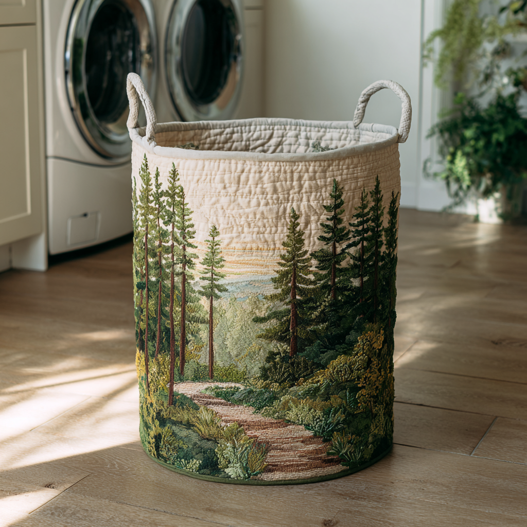 Panier matelassé crème à motif de sentier traversant une forêt de pins, posé sur un parquet devant des machines à laver. 4