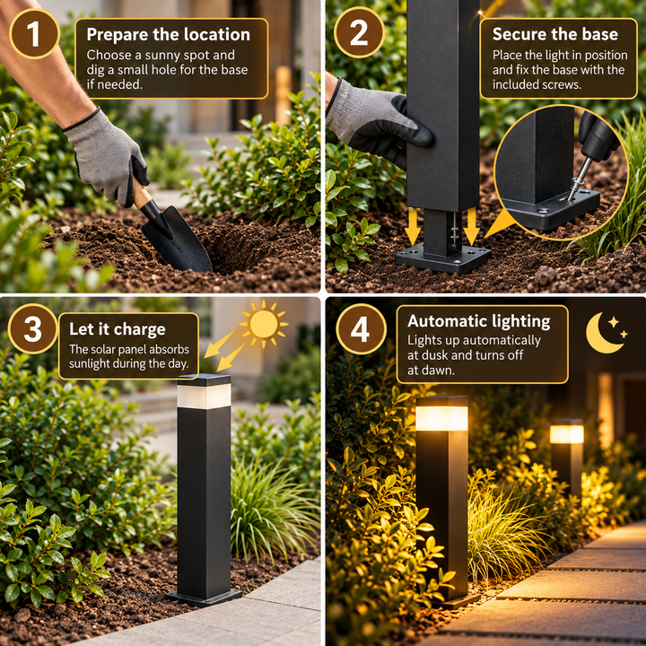 Guide d'installation en quatre étapes : creuser, fixer la platine au sol, laisser charger au soleil, éclairage automatique à la tombée de la nuit. 4