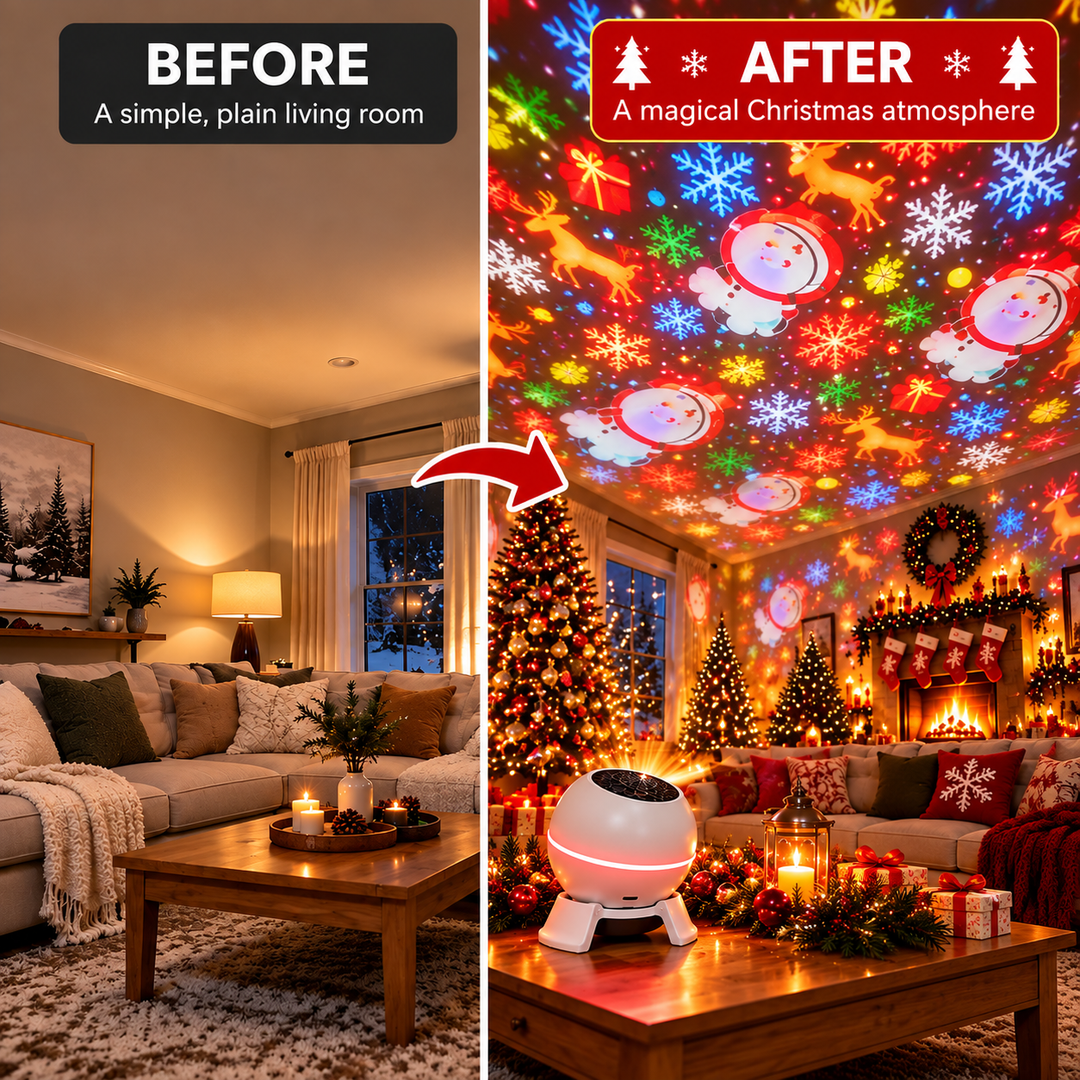 Comparaison avant-après d'un salon : à gauche sobre et calme, à droite plafond et murs animés de motifs de Noël colorés projetés. 3