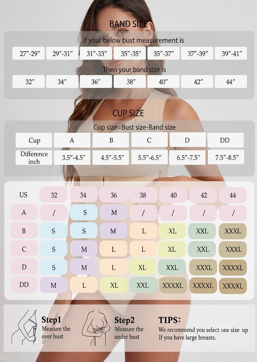 Guide des tailles sur fond de mannequin en soutien-gorge beige, avec tableaux de tour de dessous de poitrine, bonnets et tailles S à XXXXL. 20