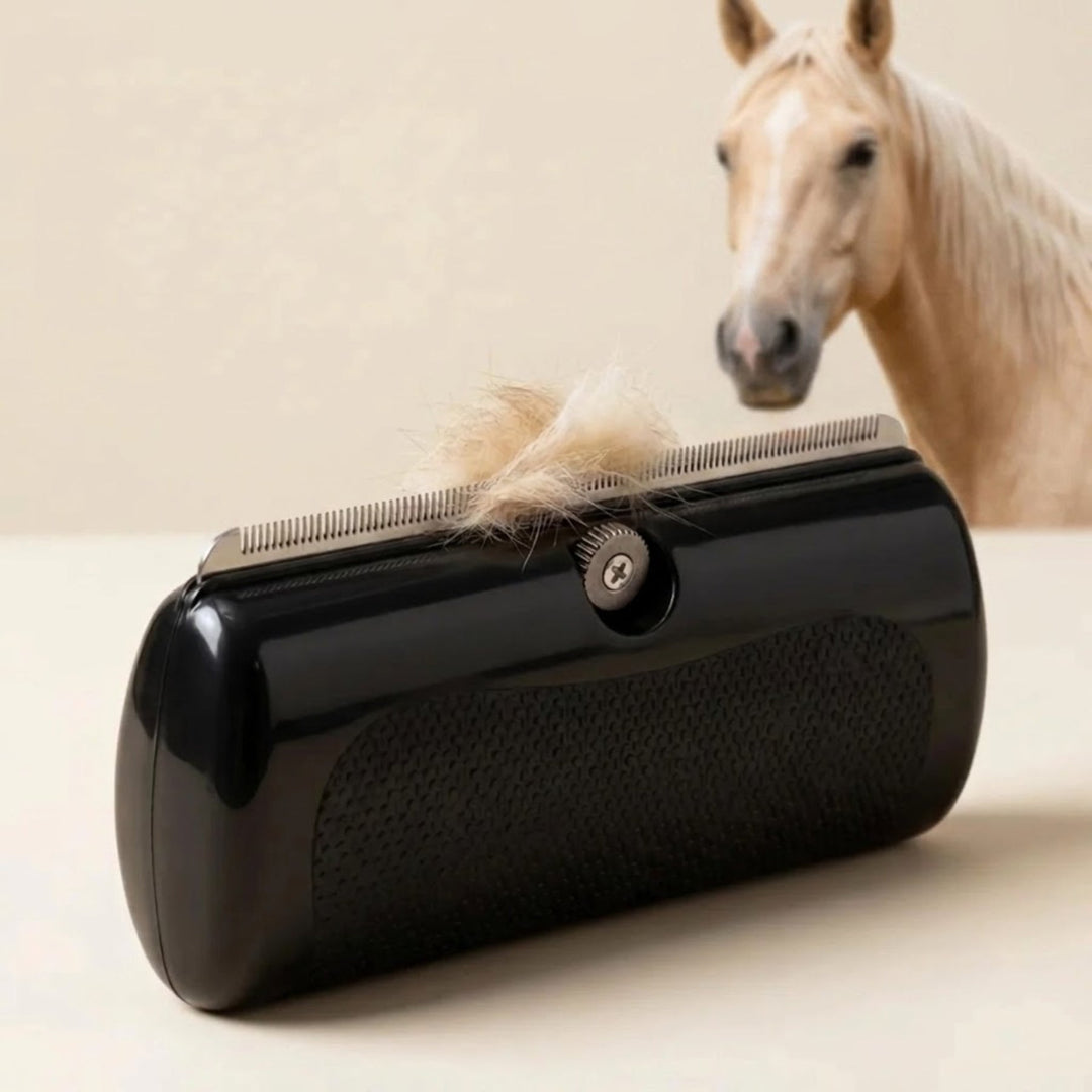Brosse noire posée sur une table, une touffe de poils clairs coincée dans ses dents métalliques, avec un cheval crème en arrière-plan. 1