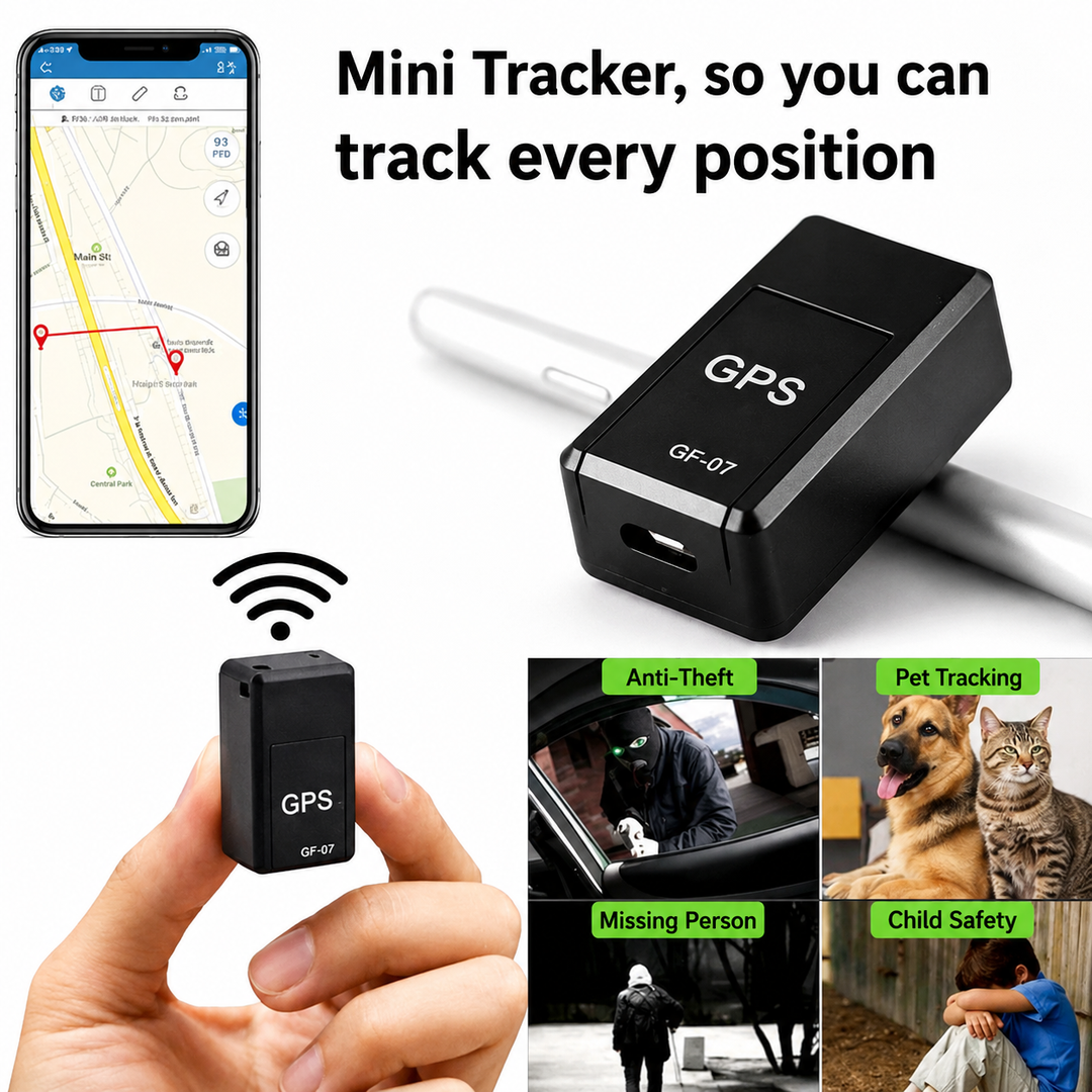 Montage de plusieurs vues : boîtier tenu à la main, carte sur smartphone et petites scènes d'usage antivol, animaux, enfants, personnes disparues. 3