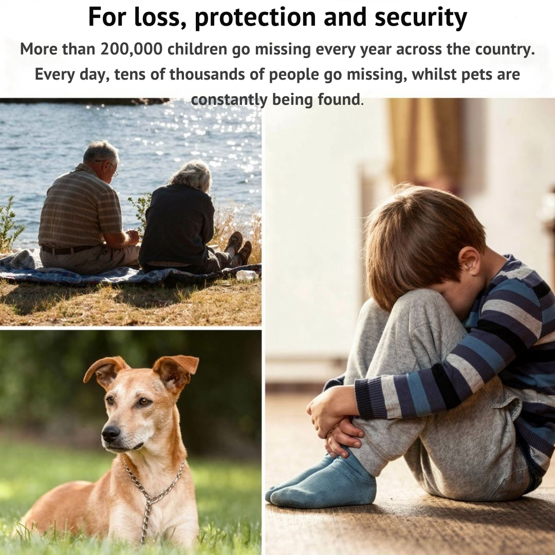 Collage de personnes et d'un animal : couple de seniors au bord de l'eau, chien en laisse et enfant recroquevillé, évoquant la protection. 6