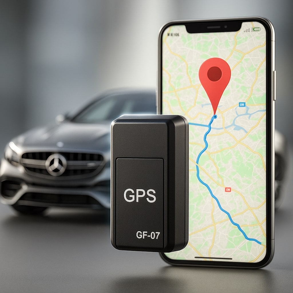 Petit boîtier noir de suivi au premier plan, devant un smartphone affichant un itinéraire sur une carte et une berline grise floue. 1