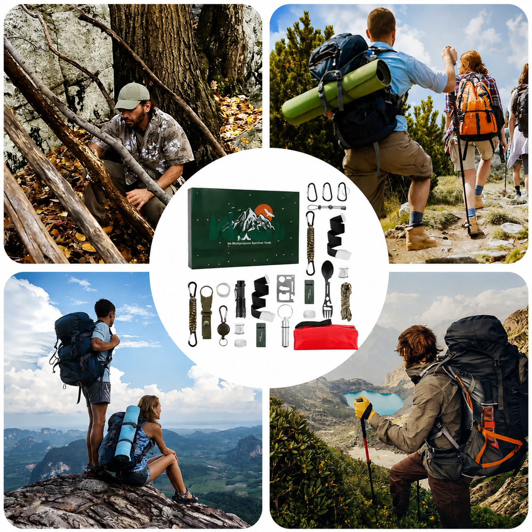 Coffret et accessoires au centre, entourés de randonneurs avec sacs à dos en montagne 8