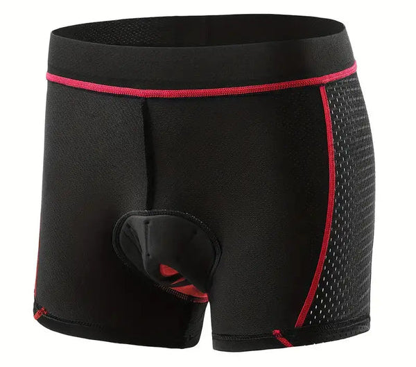 Sous-short noir vu de face avec coutures rouges, empiècement en mesh sur le côté et coussinet intérieur apparent. 7