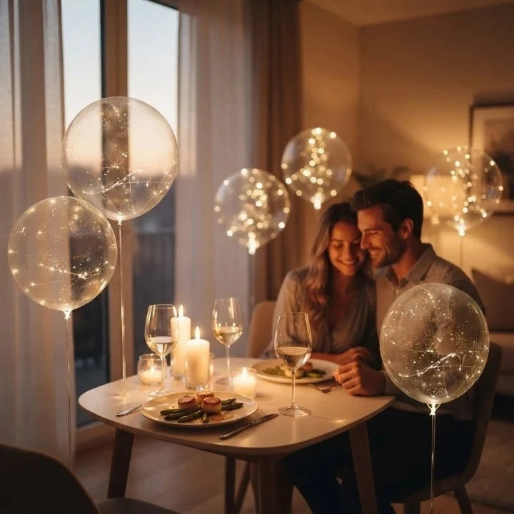 Couple souriant à un dîner aux chandelles à la maison, entouré de ballons transparents à lueur chaude. 3