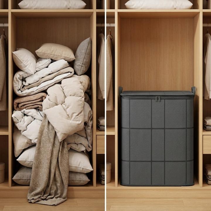 Comparaison avant-après dans une penderie : coussins et couettes en désordre à gauche, rangés dans le sac gris à droite. 5
