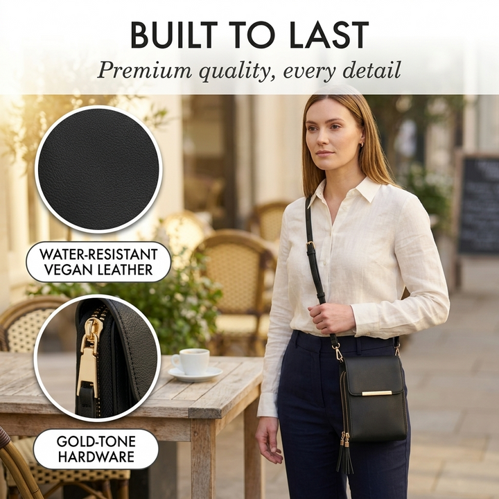 Femme portant le sac noir, avec deux gros plans sur la texture du matériau et la tirette dorée du zip. 10
