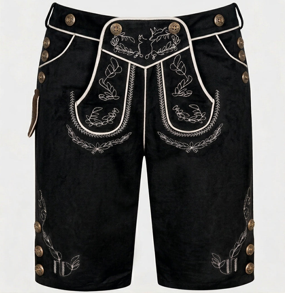 Version noire vue de face, avec broderies claires, passepoil blanc et boutons métalliques sur les côtés 2