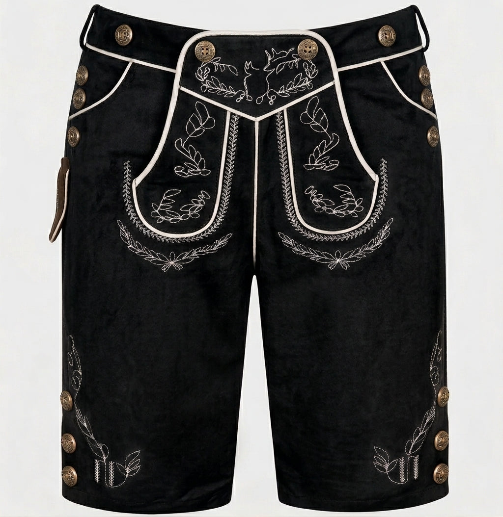 Version noire vue de face, avec broderies claires, passepoil blanc et boutons métalliques sur les côtés 2