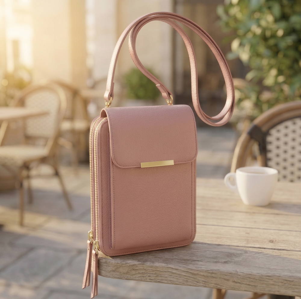 Version rose poudré du sac, vue de trois quarts sur une table de terrasse, avec fermeture à double zip doré et pompons. 2