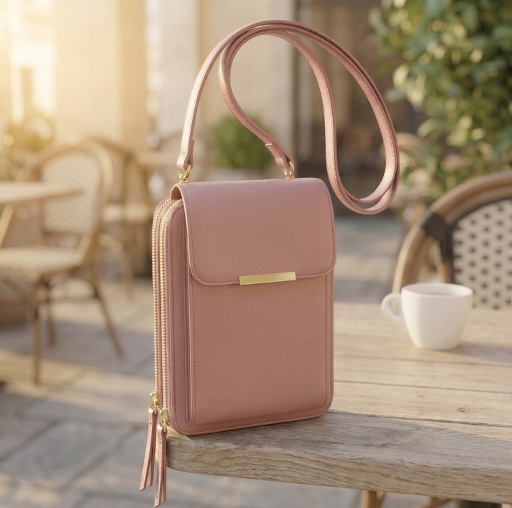 Version rose poudré du sac, vue de trois quarts sur une table de terrasse, avec fermeture à double zip doré et pompons. 2