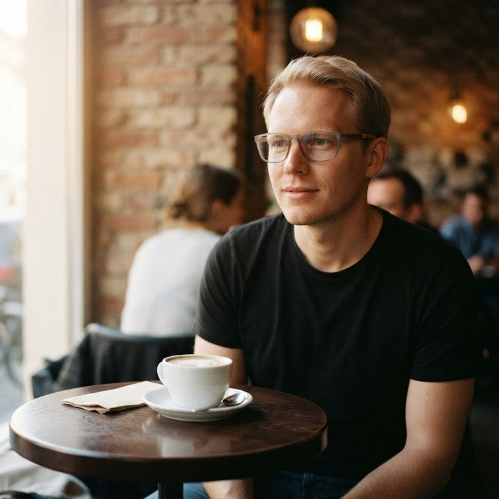 Homme assis à une table de café devant une tasse, portant la monture à cadre gris translucide. 4
