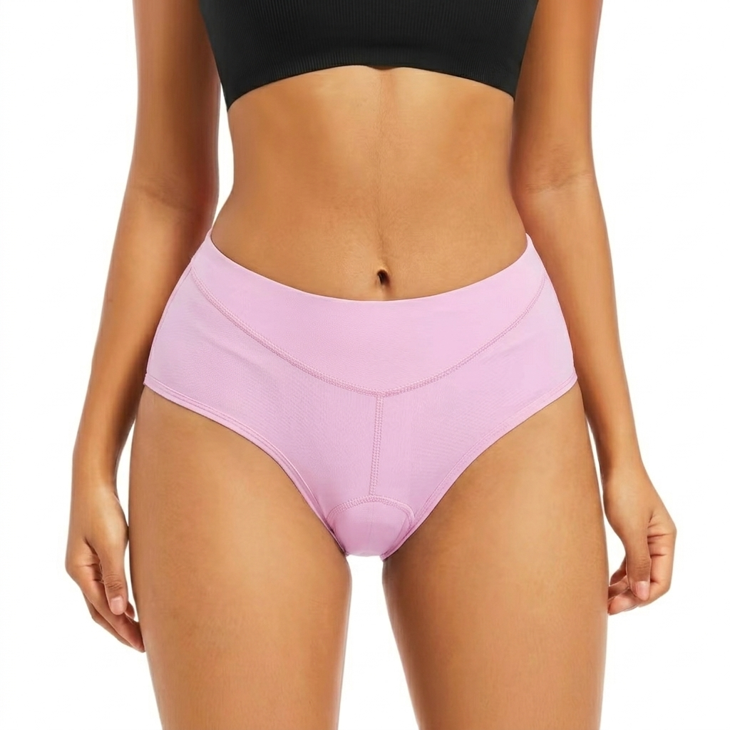 Vue de face portée par un modèle, culotte lilas clair avec couture centrale 13