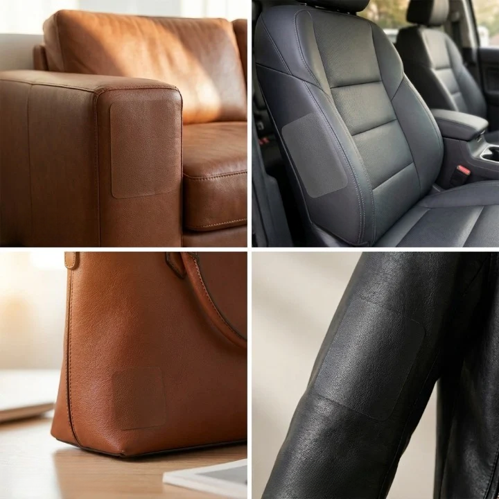 Quatre exemples d'utilisation : fauteuil, siège auto, sac à main et manche de veste en cuir 7