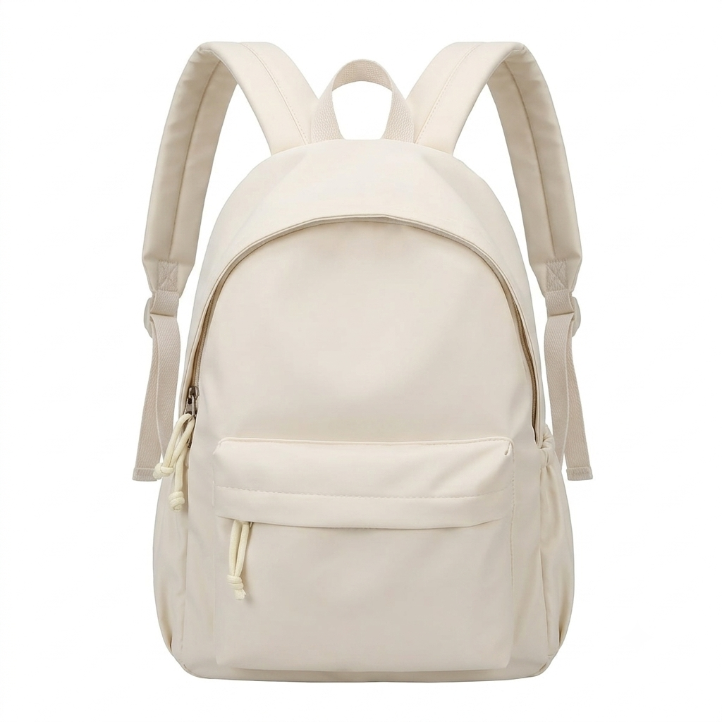 Sac à dos beige crème vu de face sur fond blanc, avec poche avant zippée et bretelles ajustables. 5