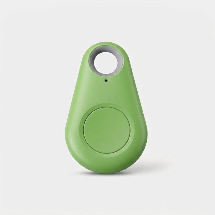Balise verte en forme de goutte vue de face, avec bouton rond central et trou d'attache 7