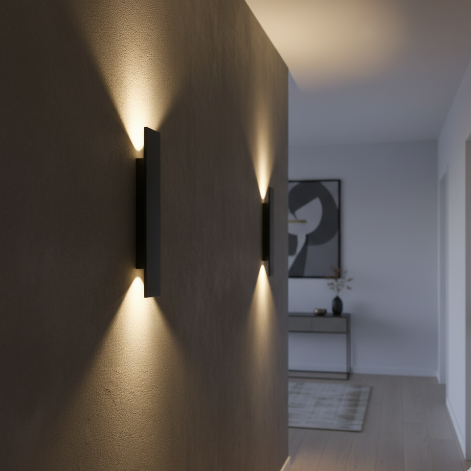 Appliques noires allumées sur un mur sombre dans un couloir intérieur, avec un tableau et une console au fond. 3
