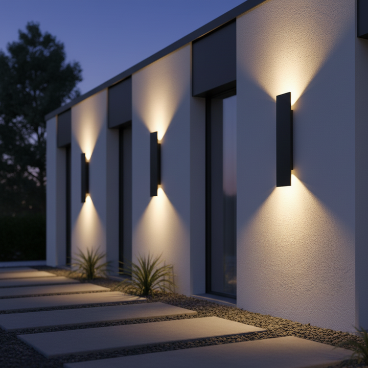 Rangée d'appliques noires sur la façade blanche d'une maison moderne au crépuscule, au-dessus d'une allée de dalles et de gravier. 4