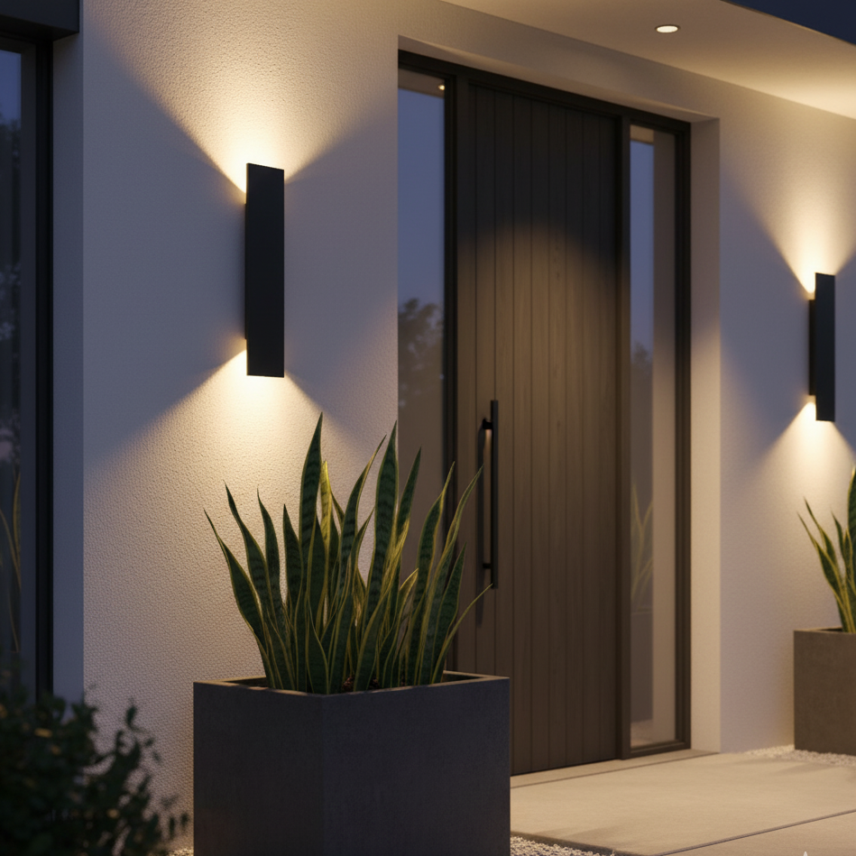 Deux appliques noires de chaque côté d'une porte d'entrée moderne au crépuscule, éclairant le mur blanc, avec un pot de plantes vertes devant. 2