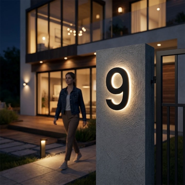 Chiffre 9 noir lumineux sur un pilier crépi devant une maison moderne éclairée, avec une femme qui passe au crépuscule. 2
