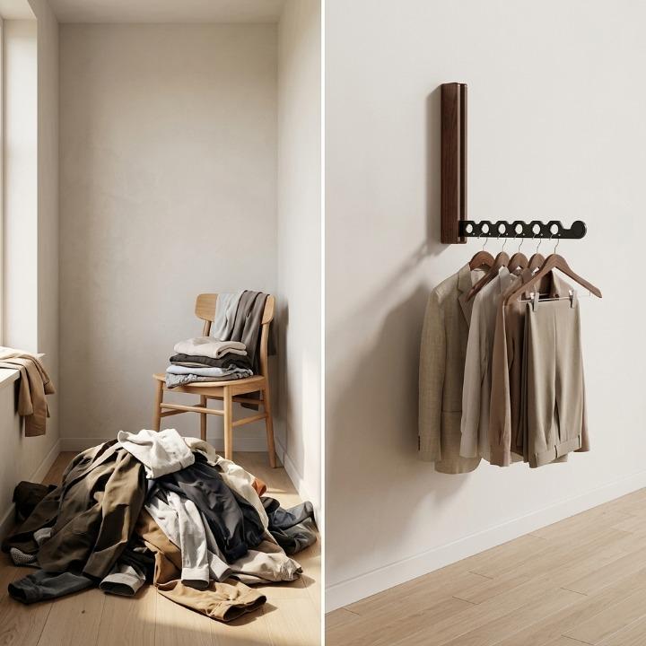 Comparaison à gauche d'un tas de vêtements en désordre au sol, à droite des vêtements rangés sur cintres au support mural. 5
