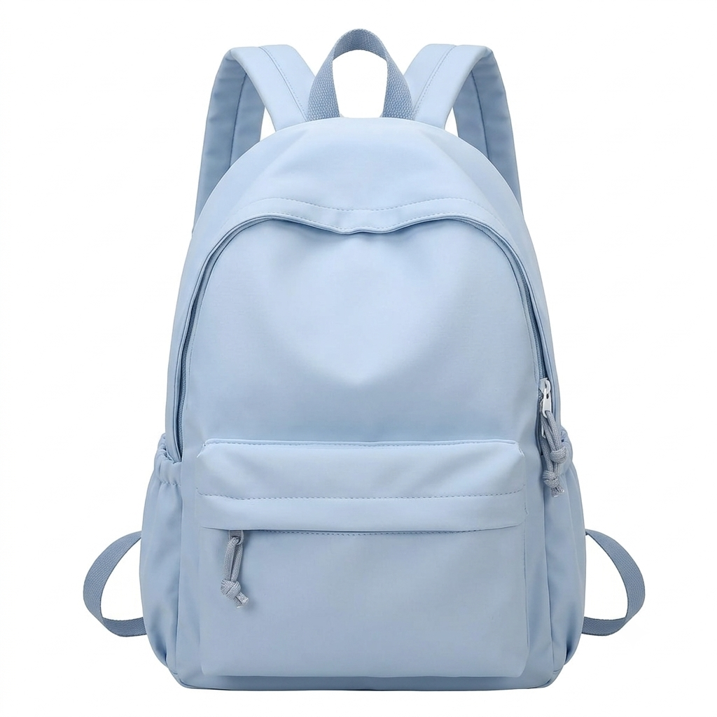 Sac à dos bleu clair vu de face sur fond blanc, avec poche avant zippée et poches latérales élastiques. 6