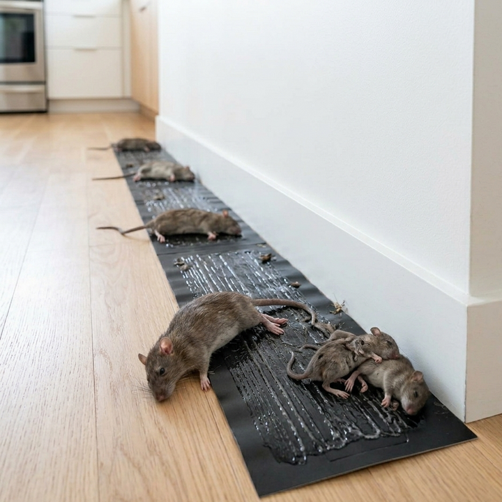 Longue plaque de colle noire le long d'une plinthe de cuisine, avec plusieurs rats capturés 1