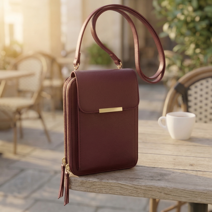 Version bordeaux du sac à rabat, bandoulière relevée, posée sur une table de terrasse en bois. 6