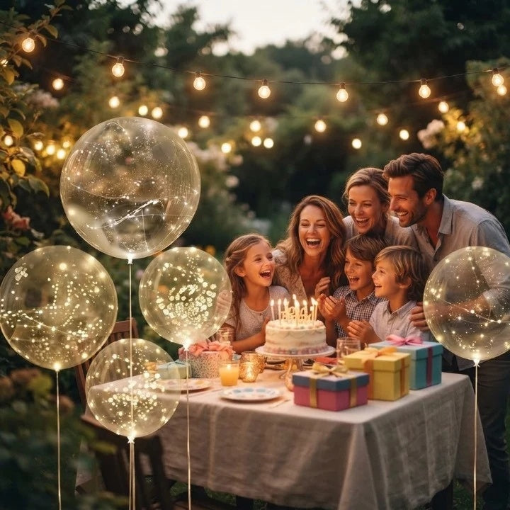 Famille riant autour d'un gâteau d'anniversaire dans un jardin, avec des ballons lumineux transparents et des guirlandes en arrière-plan. 4