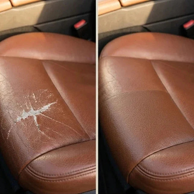 Avant et après sur un siège en cuir brun : éraflure visible puis surface réparée 6