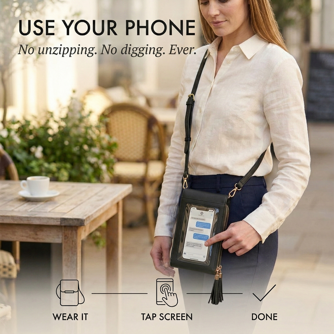 Femme utilisant son téléphone à travers la fenêtre transparente du sac noir, avec trois pictogrammes d'étapes en bas. 11