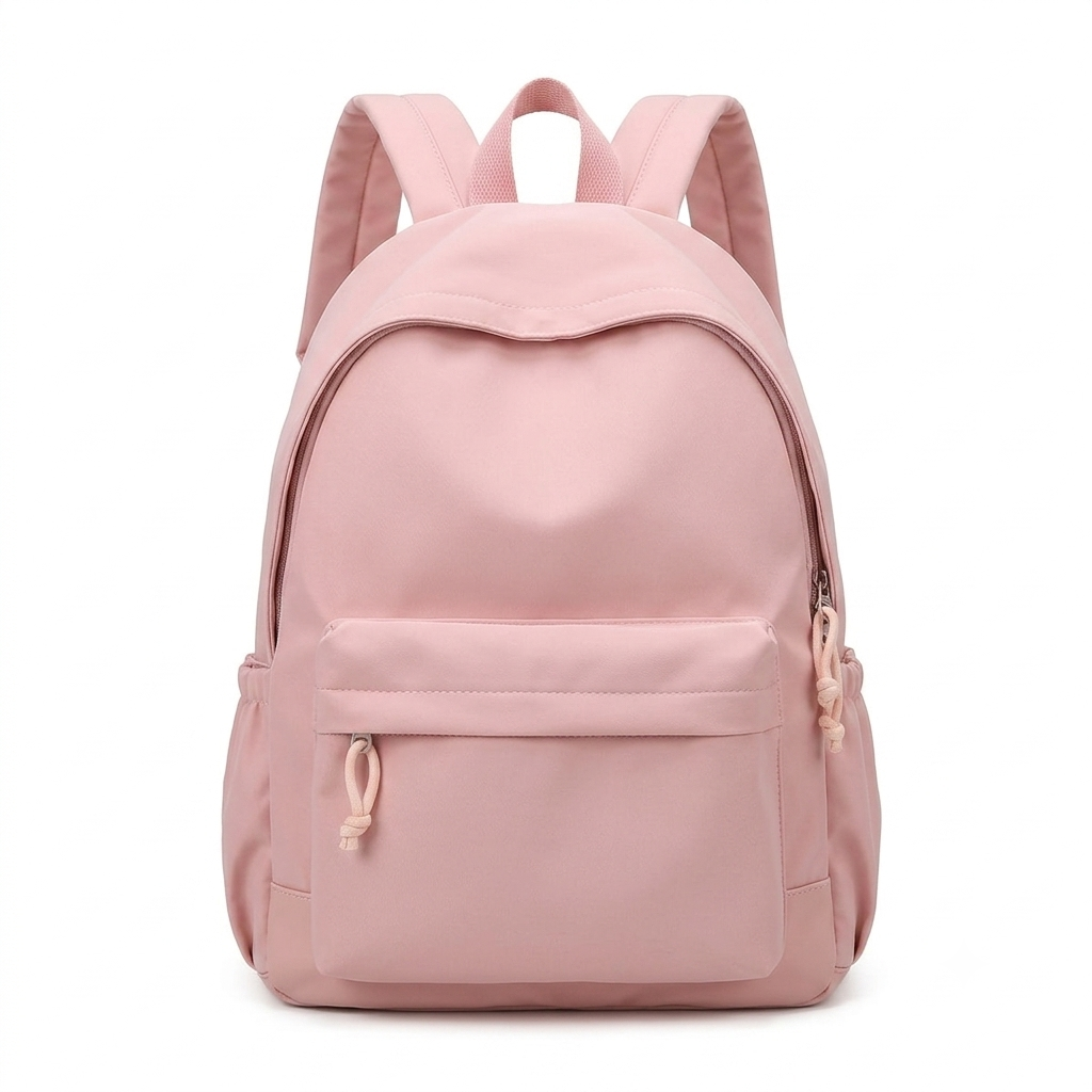 Sac à dos rose pastel vu de face sur fond blanc, avec poche avant zippée et poignée de portage. 7