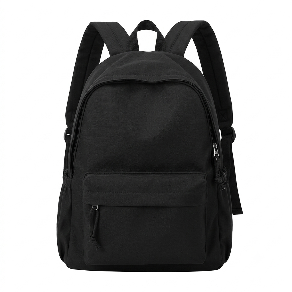 Sac à dos noir vu de face sur fond blanc, avec grande poche zippée avant et bretelles rembourrées. 4