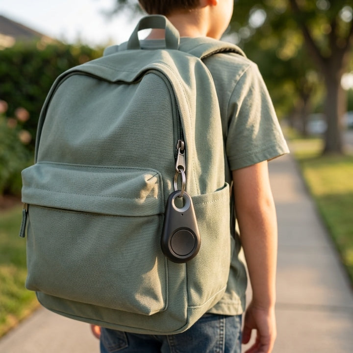 Enfant de dos sur un trottoir, balise noire accrochée à la fermeture de son sac à dos vert 2