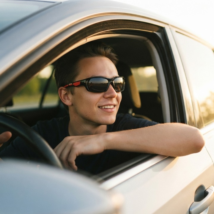 Jeune conducteur souriant portant les lunettes, le coude appuyé à la portière de sa voiture 3
