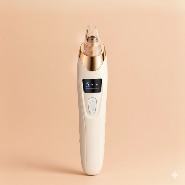 Appareil blanc et doré vu de face sur fond beige, écran et bouton au centre 5