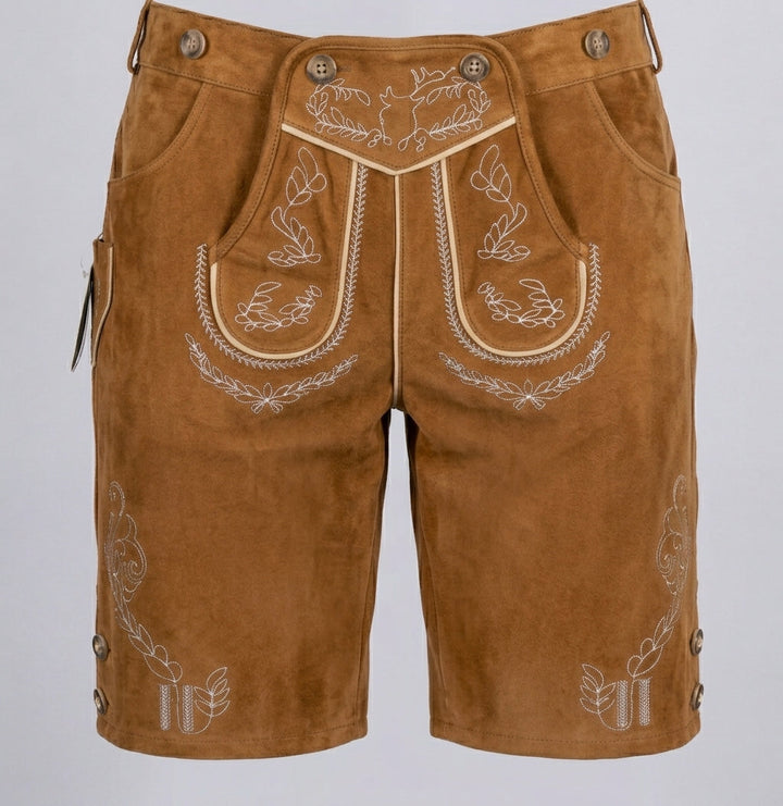 Version marron clair à l'aspect daim vue de face, avec broderies blanches et liserés beiges 6