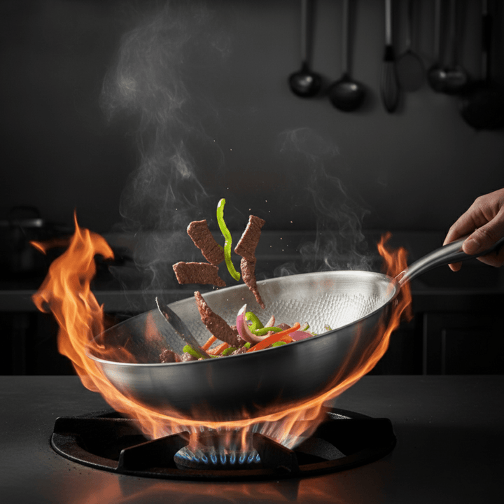 Cuisinier faisant sauter des lanières de bœuf et des légumes dans le wok au-dessus d'une flamme vive. 4