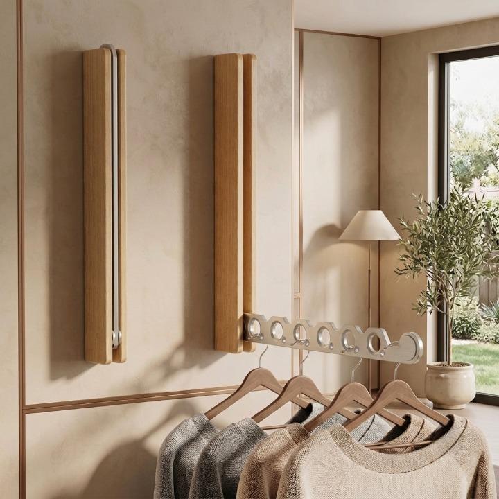 Deux supports en bois clair, l'un replié, l'autre déplié avec cintres et pulls suspendus, dans un intérieur lumineux. 4