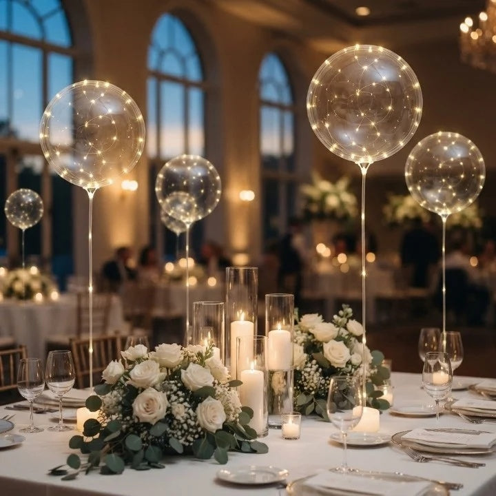 Ballons lumineux sur tiges au-dessus d'une table de mariage dressée, avec roses blanches, bougies et verres. 2