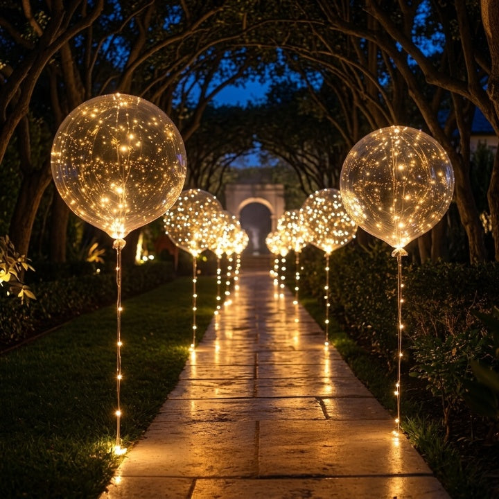 Ballons transparents remplis de petites lumières chaudes, alignés sur une allée de jardin la nuit sous une voûte d'arbres. 1