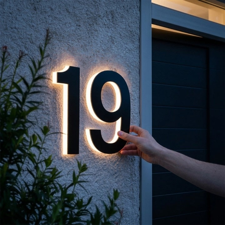 Main touchant un numéro 19 noir rétroéclairé de lumière chaude, posé sur un mur crépi à côté d'une porte sombre. 3