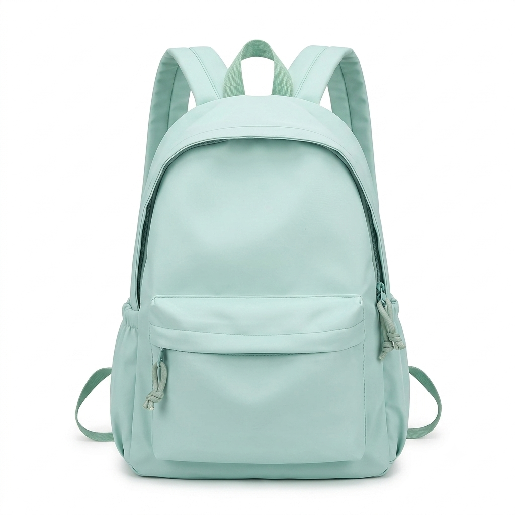 Sac à dos vert menthe vu de face sur fond blanc, avec poche zippée avant et sangles réglables. 1