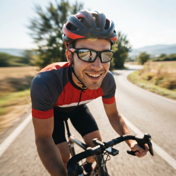 Cycliste souriant portant les lunettes sur une route de campagne, avec casque et maillot rouge et noir 2