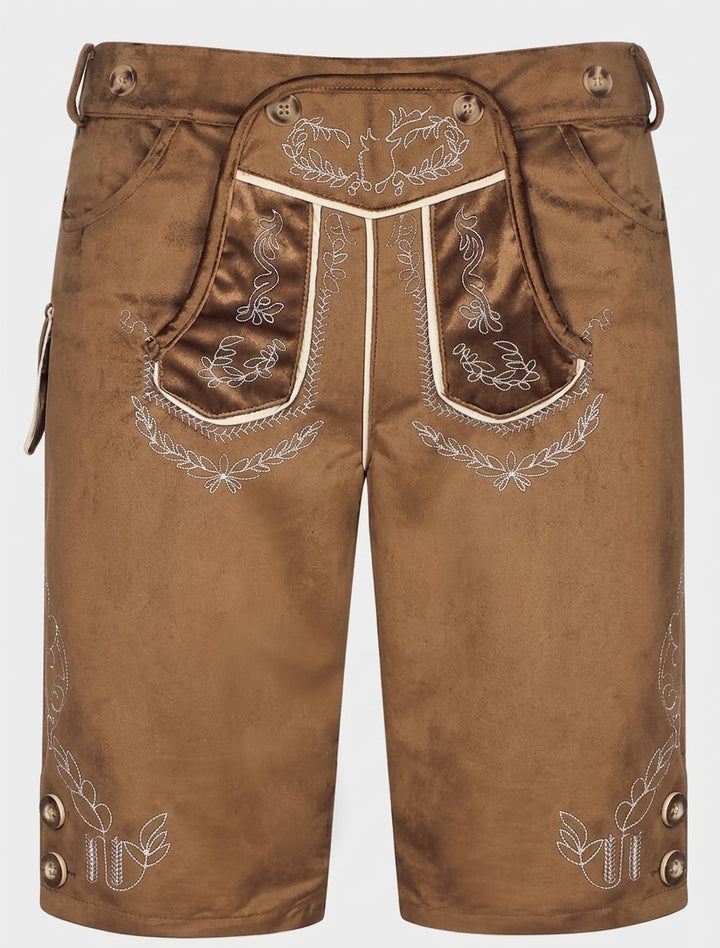 Vue de face de la version marron, rabat brodé de feuillages et boutons de bas de jambe 5